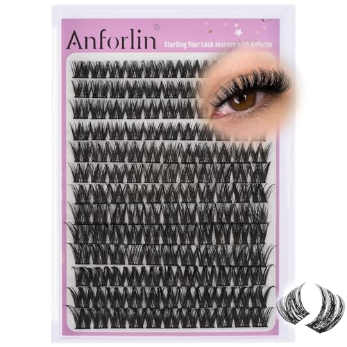 Lash Clusters 8-16mm Wispy Cluster Eyelash Extensions 143 PCS D Curly Volume Lash Clusters Wide Band Individual Lashes False Eyelashes DIY at Home Beginner Friendly, by Anforlin