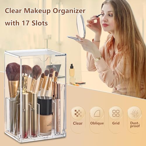 VORA Makeup Brush Holder, Clear Make Up Brush Holder Organizer with 17 Slots, Tilt Open Large Makeup Brush Holde with Lid, Acrylic Makeup Organizer for Vanity Decor Office Home