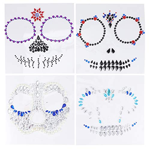 Lurrose Day of the Dead Skull Face Gems Jewels Tattoos, 4Pcs Rhinestone Halloween Jewels Tattoo Stickers for Halloween Festival Rave Party