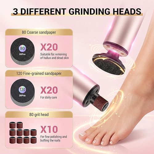 Electric Foot Callus Remover, Rechargeable Pedicure Kit with 10 Heads & 40 Grit Pads, 3 Speed LED Display, Strong Motor for Heels & Dead Skin, Portable & Foldable Callus Remover for Smooth Feet, Pink