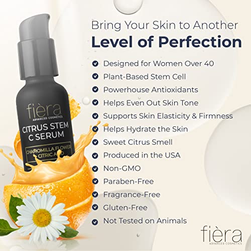 Fi?ra Vitamin C Serum with Hyaluronic Acid & Citrus Stem Cells - Anti-Aging Brightening, Firming, Hydrating Serum for Mature Skin, Reduces Dark Spots, Fine Lines & Boosts Radiance - 1 FL. OZ. / 30 ML