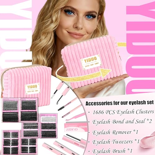 Lash Cluster Kit Makeup Bag Set 1686pcs 40D+50D+60D+80D+100+Spikes+Bottom Full Eyelash Cluster Kit Volume Wispy DIY Lashes Extensions 10-20mm D Curl False Eyelash with 2X Bond&Seal DlY at Home