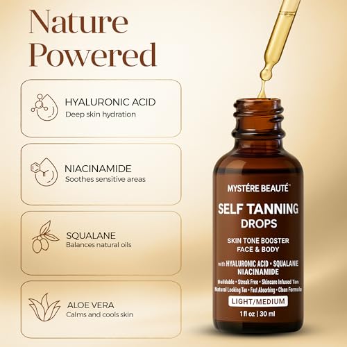 Hydrating Self Tanning Drops ? LIGHT/MEDIUM ? Face & Body Tint with DHA, Hyaluronic Acid, Squalane & Niacinamide ? Natural-Looking Tan ? MYSTERE BEAUTE ? 1 fl oz