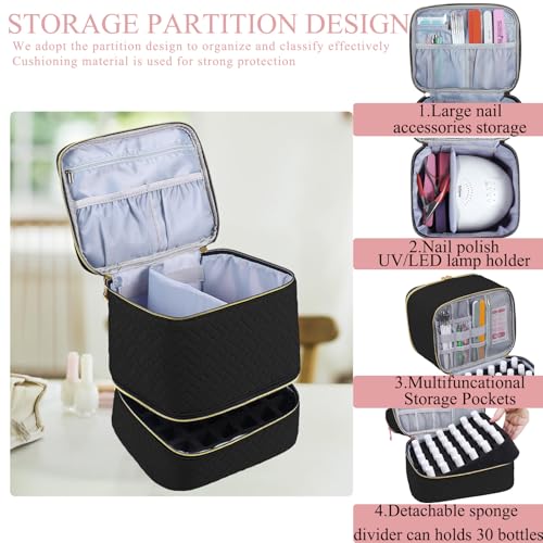 Nail Polish Organizer, Nail Polish Storage Holds 30 Bottles & Nail Lamp, Double Layer Nail Bag Organizer Case, Portable Nail Polish Holder for Nail Tech Travel & Manicure Kit