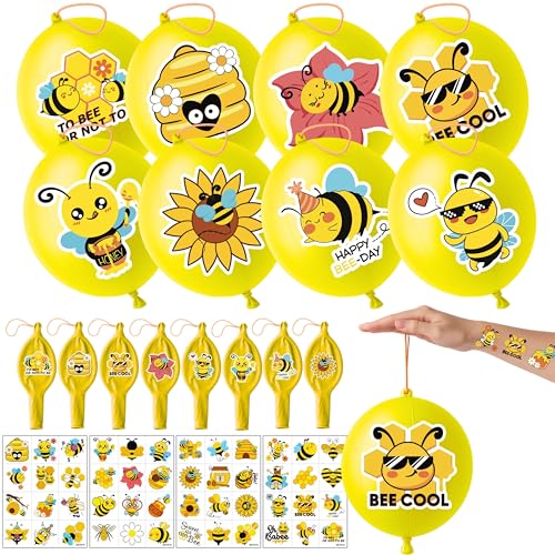 72 PCS Bee Party Favors ? 48 Pre-Cut Temporary Tattoos & 24 Bee Punch Balloons Themed Birthday Party Decorations Supplies Favors Gifts Goodie Bag Fillers Classroom Rewards for Boys Girls