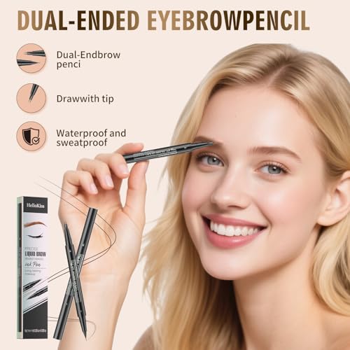 Eyebrow Pencil, Eyebrow Pen with Double-Brush Tip 2-in-1 Eyeliner Dual-Ended Microblading Long Lasting Waterproof Hair-Like Brow Pencil with Eyebrow Brush (Black)