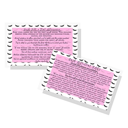 Lash Lift + Tint Aftercare Instruction Cards | 50 Pack | 2 x 3.5¡± inches Business Card Size | Eyelash Lift and Tint Kit at home diy aftercare supplies | Lash Print with Pink Inlay Design