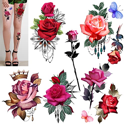 ROARHOWL Stunning rose flower temporary tattoos, large rose fake tattoos for women,rose tattoo set (Rose 1)