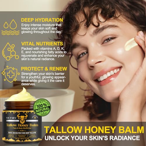 Beef Tallow for Skin, Whipped Tallow Honey Balm for Face -Fed Beef Tallow & Raw Wild Honey - Organic Moisturizer for Soft, Smooth Skin- Light Scent, Moisturizing Natural Formula, 8.4 Oz