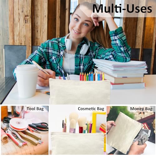 Koolmox 9x7'' Canvas Pouch with Zipper Bulk, 20 pcs Multipurpose Large Cotton Canvas Makeup Cosmetic Bag, Travel Toiletry Pouches Blank Beige DIY Craft Bags, Pencil Bag, Purses, Stationery Organizer
