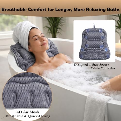 Bath Pillows for Tub, Full-Body Relaxation with Head, Neck & Shoulder Support, Ergonomic Design, 10 Suction Cups, Breathable 4D Air Mesh (Grey)