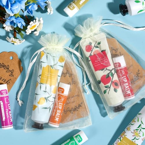 AZEN 60 Sets Bulk Gifts, Hand Cream and Lip Balm Bulk Set with Organza Bag Thank You Card, Baby Shower Wedding Gifts for Guests, Bridal Wedding Favors
