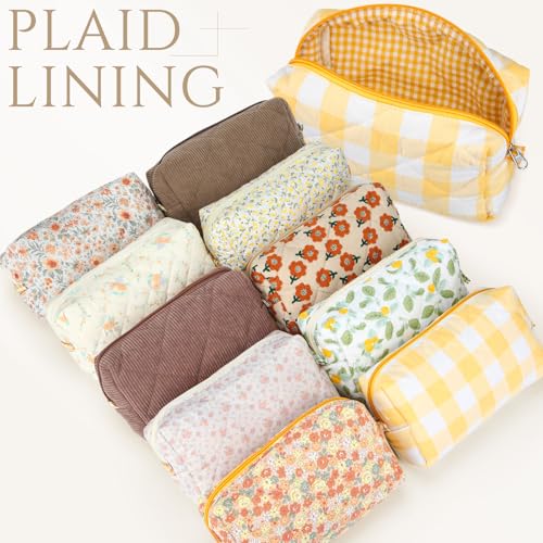 Paterr 10 Pcs Quilted Makeup Bag Bulk Cotton Floral Cosmetic Bag Women Girls Bridesmaid Gifts Cute Makeup Pouch Coquette Aesthetic Travel Toiletry Organizer(Yellow Floral,7.87 x 4.72 x 3.15 Inches)