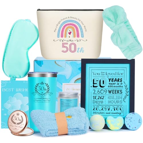 50th Birthday Gifts for her ? Luxury 12PCS Spa Gift Basket for Her with Tumbler, Candle, Bath Bombs, Picture Frame & More ? Unique Gifts for 50 Year Old Women, Mom, Wife, Sister, Friends