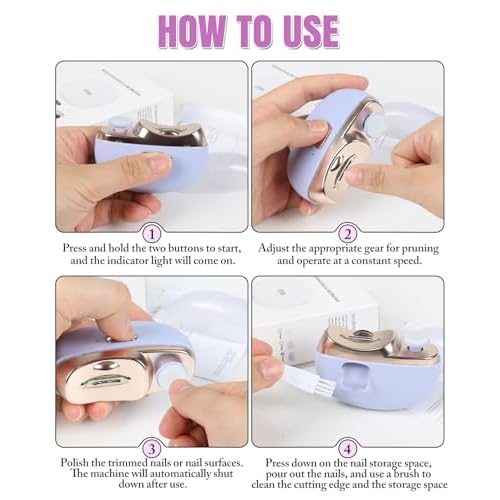 Electric Nail Clipper - 3-in-1 Trim/File/Polish with Nail Debris Catcher, 2 Speed Modes, LED Light, Type-C Rechargeable (for Fingernails),Purple