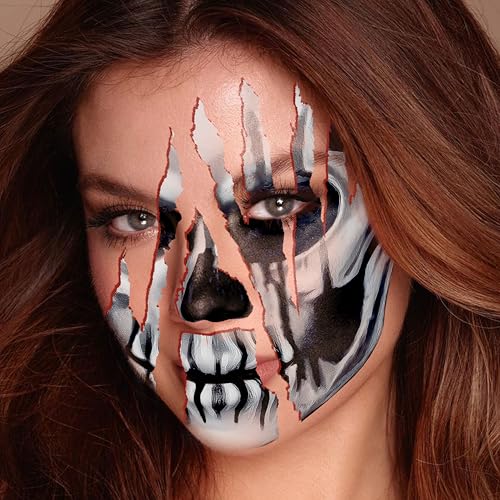 4 Sheets Halloween Tattoos, Horror Halloween Face Temporary Tattoos, Waterproof Fake Skeleton Zombie Face Tattoos Stickers Make Up Accessories for Carnival Makeup Halloween Masquerade