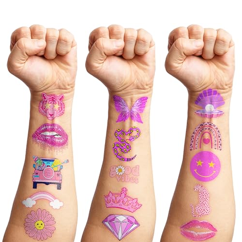 96 PCS Pink Preppy Bachelorette Princess Temporary Tattoos Theme Birthday Party Decorations Supplies Favors Decor Cute Girl Pastel Face Tattoo Stickers Gifts for Kids Girls Boys School Prizes Carnival