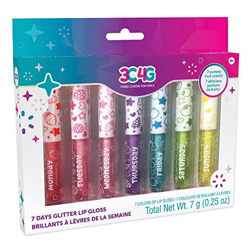 Make It Real 3C4G 7 Days Glitter Lip Gloss - Flavored Lip Gloss Set for Girls - Strawberry, Raspberry, Vanilla and More! - 7 Piece Lip Gloss Kit