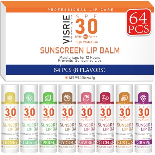 SPF 30 Sunscreen Lip Balm, Bulk Travel Size-64 Pack, Hydrating with Vitamin E & Coconut Oil- 8 Flavors