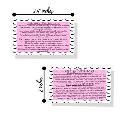 Lash Lift + Tint Aftercare Instruction Cards | 50 Pack | 2 x 3.5¡± inches Business Card Size | Eyelash Lift and Tint Kit at home diy aftercare supplies | Lash Print with Pink Inlay Design