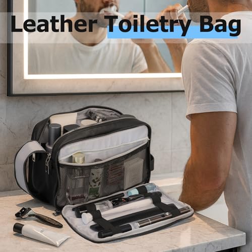 MIRASON Travel Toiletry Bag for Men Leather Travel Bag for Toiletries, Dopp Kit Water-resistant Shower Bag for Shaving Bathroom Organizer Gifts for Men, Black