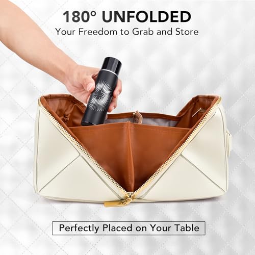 stona Travel Makeup Bag for Women, Large Capacity PU Leather Waterproof Checkered Cosmetic Bags, Portable Pouch Open Flat Toiletry Bag, Make up Organizer with Divider and Handle H3, Black-03