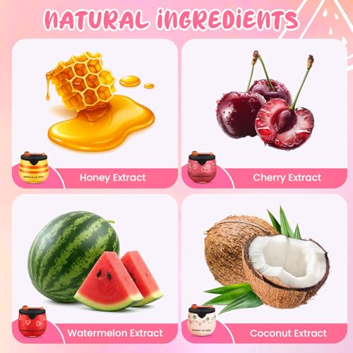4PCS Bee Lip Balm Honey Pot Cherry Watermelon Coconut Honey Lip Balm, Moisturizing Sleeping Lip Mask Overnight, Prevention Dry and Cracked Lips