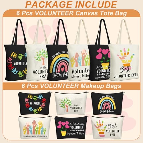 Yaomiao 12 Pcs Volunteer Appreciation Gifts Bulk for Women Volunteer Tote and Cosmetic Bags Set Funny Canvas Reusable Grocery Bag with Zipper Makeup Bag for Holiday Thank You Gifts, Church, Group
