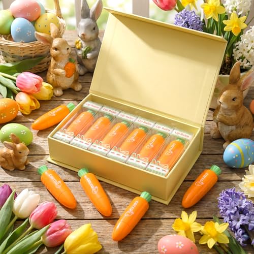24 Pcs Easter Beauty Gifts Bulk Carrot Lip Balm Bulk Moisturizing Nourishing Lip Care Easter Basket Stuffers Goodie Bag Fillers Spring Gift Ideas for Women Adults (Red Velvet Carrot Cake)