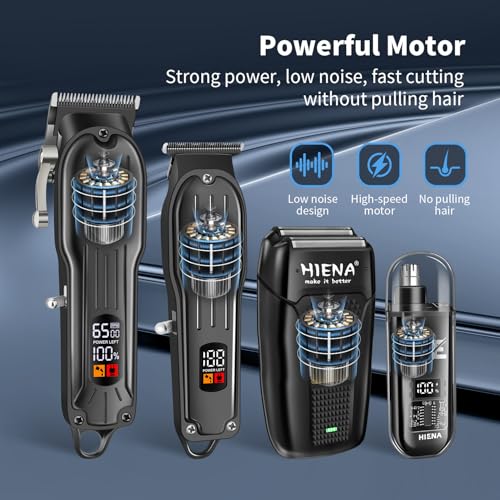 HIENA PRO Professional Hair Clipper Kit, Rechargeable Cordless Barber Kit and Hair Cutting Set, Electric Foil Shavers and Beard Trimmers, Ear, Nose Hair Trimmer Set & Facial Grooming Tool (Black)