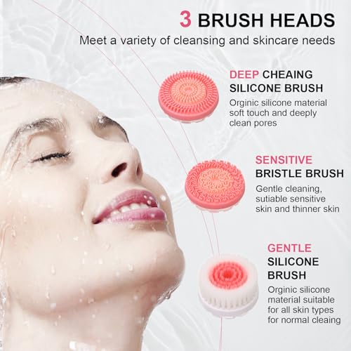 Facial Cleansing Brush, 3 in 1 Electric Face Scrubber with 3 Brush Heads for Women/Men, Waterproof Rechargeable Face Cleansing Brush for Dry Oily Sensitive Skin (Pink)