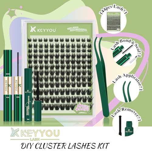 KEYYOU LASH Extension Kit 144Pcs Angel Lash Clusters Kit Thick Eyelash Extension Kit with Glue and Seal,Tweezers,Remover for DIY lash extension kit at Home£¨Kit-Angel A03-D-8-18MIX£©