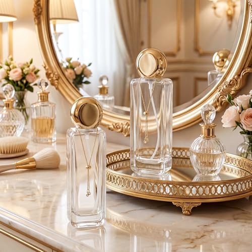 4 Pcs 4oz Luxury Glass Bottles with Pump Glass Toner Bottle with Gold Chain Perfume Spray Bottle Travel Lotion Vial with 2 Plastic Pump Head 2 Spray Head for Cosmetic Toner(Clear)