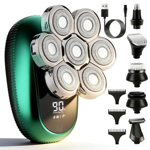 Head Shavers for Bald Men, 6-in-1 Detachable Electric Head Shaver Grooming Kit, 7D Floating Wet & Dry Rotary Shavers, Waterproof, LED Display, Cordless, USB Fast Charging for Hair/Face/Beard
