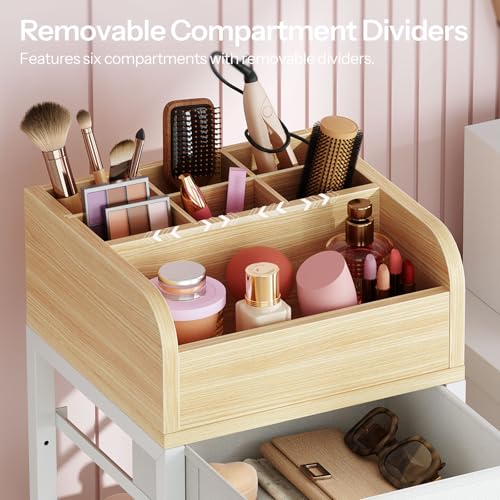 HOOBRO Makeup Organizer Cart with Fabric Drawers, Mobile Makeup Storage with Swivel Casters and Leveling Feet, Cosmetics Display Holder for Bathroom and Bedroom Vanity, White and Natural WN20TC04
