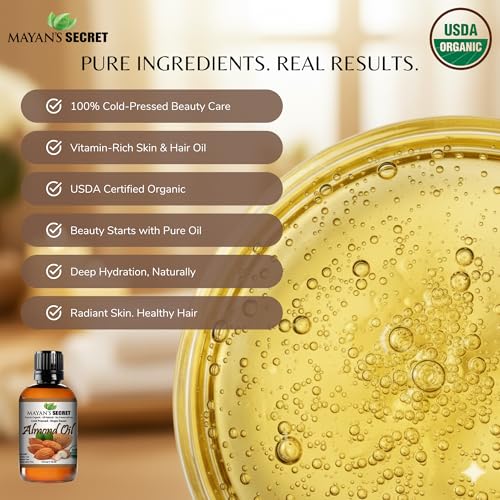 Mayan's Secret - 100% Organic Sweet Almond Oil for Skin Hair, Face - Cold Pressed Pure Almond Essential Oil (4 fl. oz.)