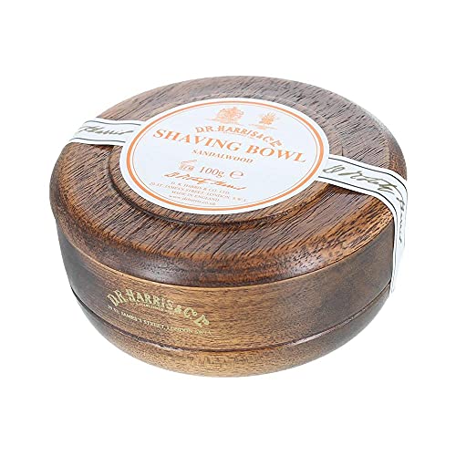D R Harris Wooden Shaving Bowl + Soap 100g-Sandalwood-Mahogany effect