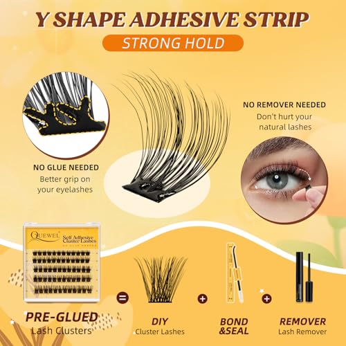 QUEWEL Self Adhesive Lash Clusters Kit, Pre Glued Eyelashes Clusters, 10-16MM Strong Hold Self Adhesive Eyelashes,D Curl Press On Lashes No Glue Needed DIY Lash Extensions Kit at Home(MJ04)