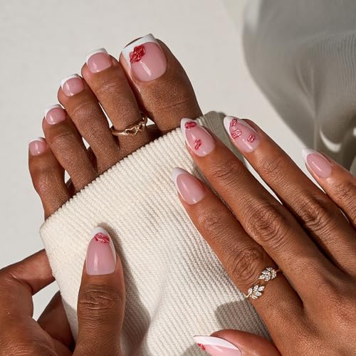 BTArtbox French Tip Press On Nails - Date Night, Lamp-Curable 3D Red Lips Short Almond Press On Nails with Glue and Adhesive Tabs for Women in 16 Sizes - 32 Nails All-in-One Kit