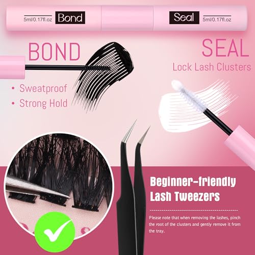 EYDEVRO Fluffy Lash Clusters Kit 80D100D Volume Lash Extension Kit 280 Pcs Left/Right Cluster Eyelash Extension Kit D Curl Thick Mega Lash Clusters with Waterproof Lash Bond and Seal and Lash Tweezers