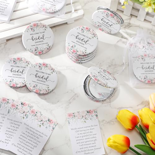 XunYee 24 Sets Bridal Shower Favors for Guests Flower Design Makeup Mirrors Leather Compact Mirrors Bridal Thank You Cards with Organza Bags Bridesmaid Gifts Wedding Party Favors Supplies (Pink)