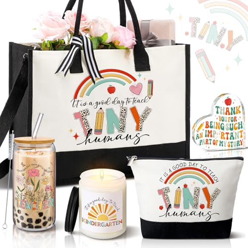 5 Pcs Kindergarten Teacher Gift Kindergarten Teacher Appreciation Gifts Tote Bag Teachers Day Gift Include Tote Bag Glass Cup Acrylic Puzzle Plaque Makeup Bags Scented Candle