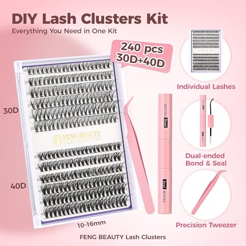 DIY Lash Clusters Kit, 240PCS 30D+40D Mixed Lengths 10?16mm, Natural Wispy Fluffy Look, 2-in-1 Bond&Seal+Precision Tweezer, Lashes Extension Kit (0.07D, 10-16mm, Individual Lashes Kit)