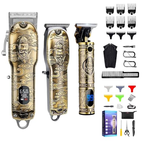 Hair Clippers and Trimmers Set of 3, Professional Cordless Hair Clippers for Men, Barber Clippers for Hair Cutting with T-Blade Trimmer Set, Beard Trimmer for Men, LED Display, Gold