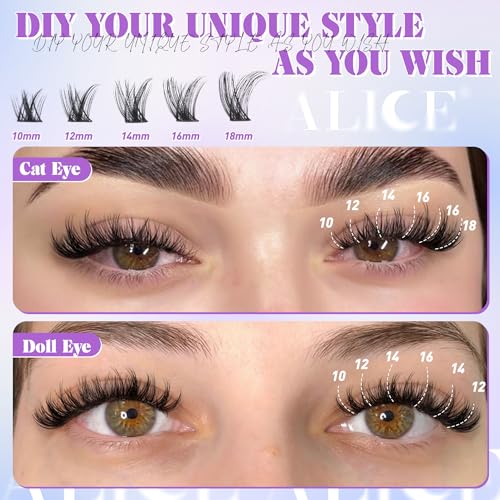 ALICE Wispy Lash Clusters Kit Natural Fluffy Lash Extension Kit Cluster Eyelash Extension Kit 162pcs C Curl 10-18mm Eyelash Clusters with Lash Glue Bond and Seal Lash Tweezers