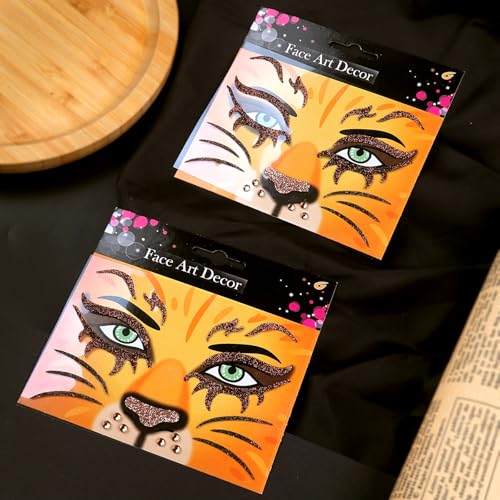 Lion Face Tattoos Stickers Glitter Face Jewels Cute Animal Temporary Tattoo for Adult Kids Makeup Birthday Halloween Cosplay Party Decoration Supplies 2Pcs (11-lion)