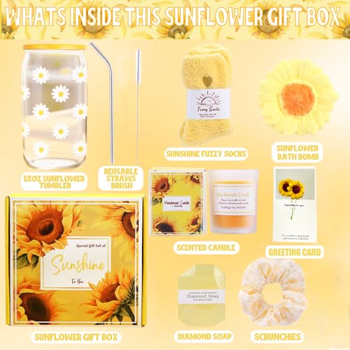 Unique Sunflower Gifts Basket for Women, Self Care Kit Set for Teen Girls, for Get Well Soon Gift, Happy Birthday, Valentines Day and Mothers day (pack of 8)