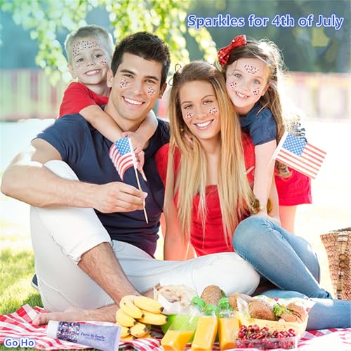 Go Ho 4th of July Outfits for Women,Red White and Blue Face Body Glitter Gel,9 PC Necklaces,3 Pairs Star Sunglasses and 6 PC Rubber Bracelets Wristbands Set for USA Patriotic Outfits Makeup