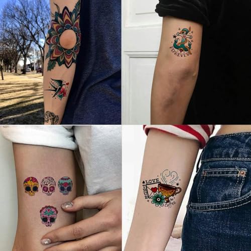 CARGEN Cool Classic Temporary Tattoos - Skull Sword Bird Rose Script Sailor Diamond Old School Traditional Realistic Temporary Tattoos Fake Tattoos Great for Adults Women Men Kids on Arm Leg Face