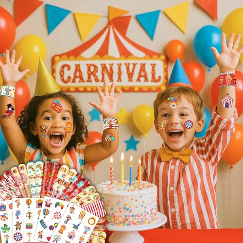 72PCS Carnival Party Set 48PCS Temporary Tattoos & 24PCS Slap Bracelets Fun Circus Themed Birthday Supplies, Baby Shower Gifts, Classroom Rewards & Party Decor for Kids Boys & Girls